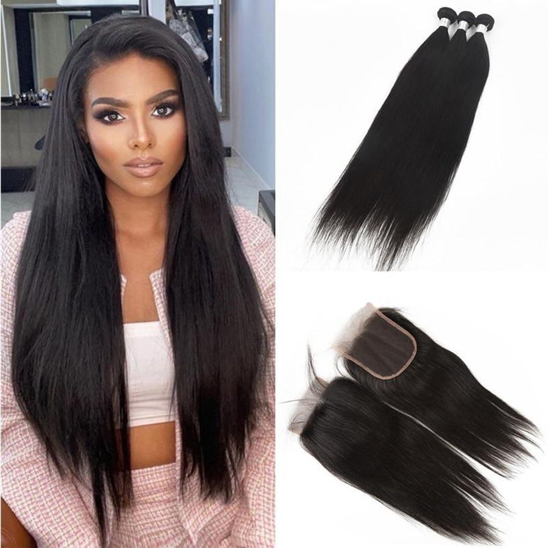 Wolf king straight wave 3 bundles with 4*4 HD transparent closure natural color 100% human hair