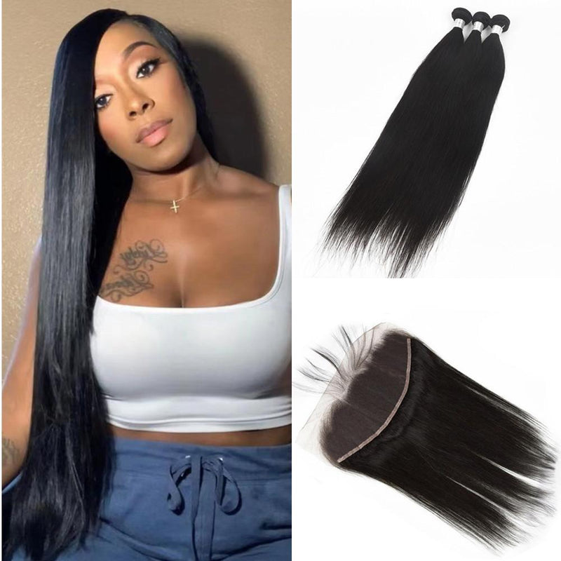 Wolf king straight wave 3 bundles with 13*4 HD transparent frontal natural color 100% human hair