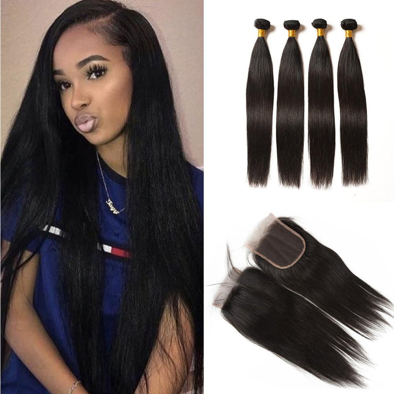 Wolf king straight wave 4 bundles with 4*4 HD transparent closure natural color 100% human hair