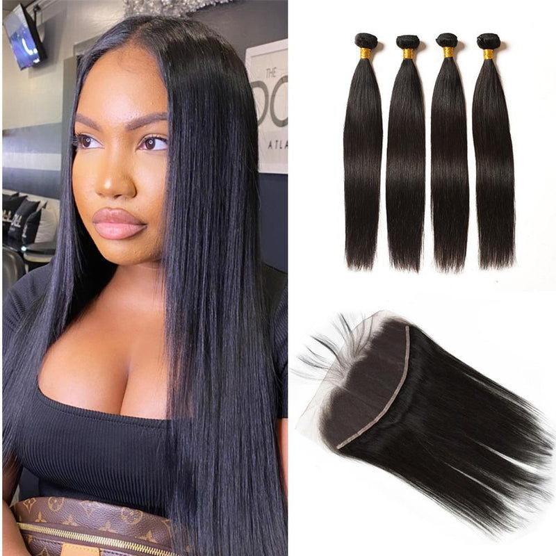 Wolf king straight wave 4 bundles with 13*4 HD transparent frontal natural color virgin human hair weft