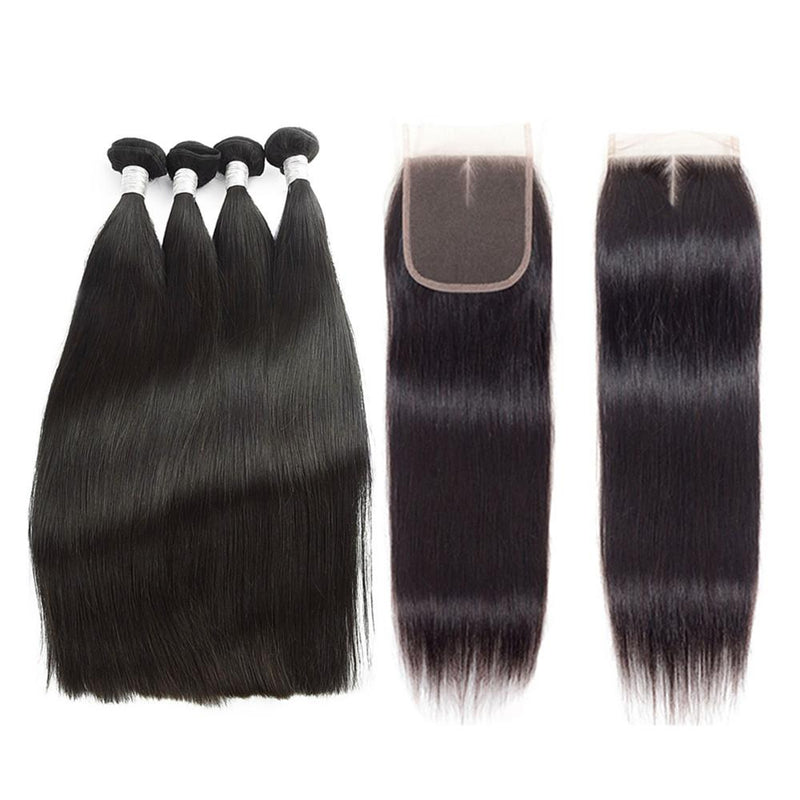 Wolf king straight wave 4 bundles with 5*5 HD transparent closure natural color virgin human hair weft