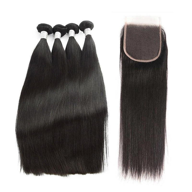 Wolf king straight wave 4 bundles with 4*4 HD transparent closure natural color virgin human hair weft