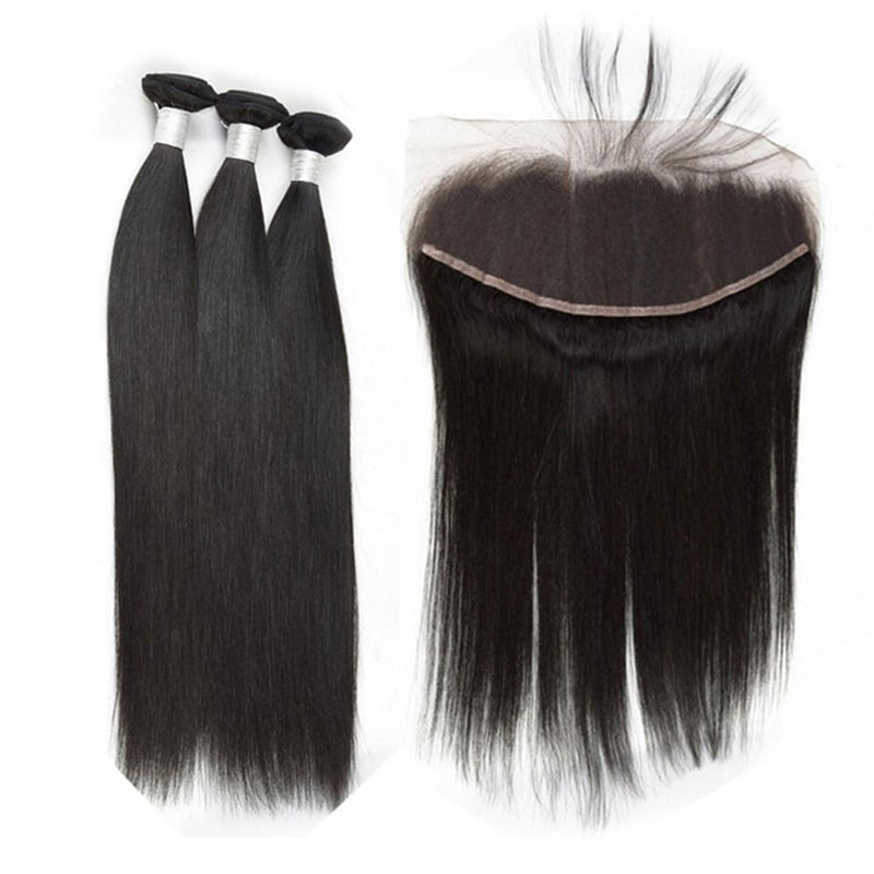 Wolf king straight 3 bundles with 13*4 HD transparent frontal natural color 100% human hair weft