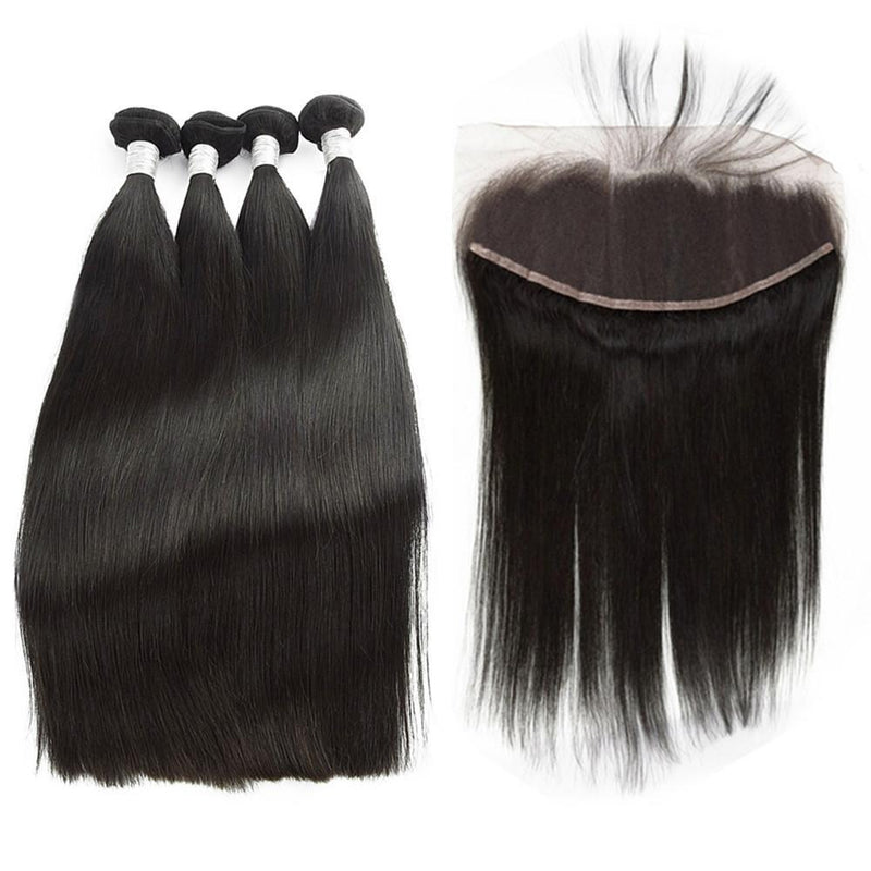 Wolf king straight wave 4 bundles with 13*4 HD transparent frontal natural color virgin human hair weft