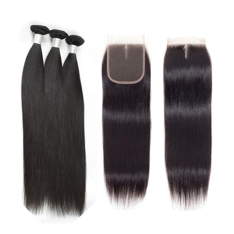 Wolf king straight wave 3 bundles with 5*5 HD transparent closure natural color virgin human hair weft