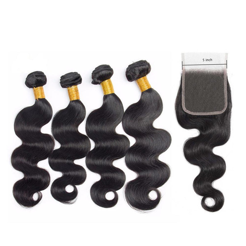 Wolf king body wave 4 bundles with 5*5 HD transparent closure natural color virgin human hair weft