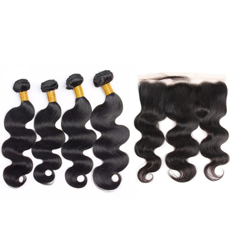 Wolf king body wave 4 bundles with 13*4 HD transparent frontal natural color virgin human hair weft