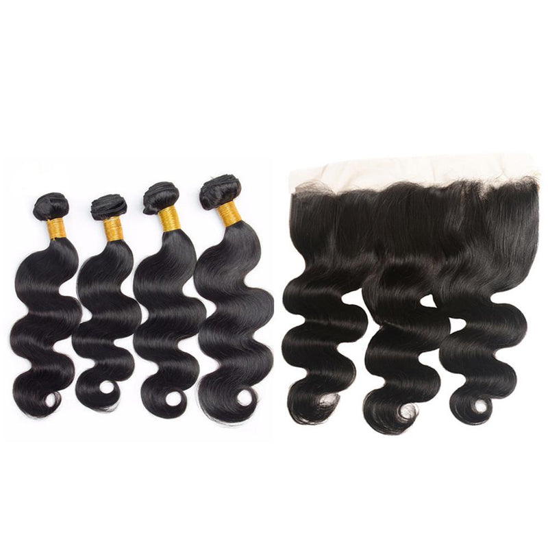 Wolf king body wave 4 bundles with 13*4 HD transparent frontal natural color virgin human hair weft