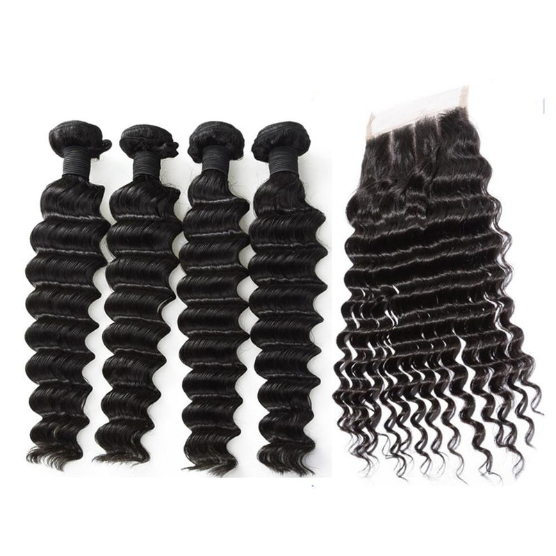 Wolf king deep wave 4 bundles with 5*5 HD transparent closure natural color virgin human hair weft