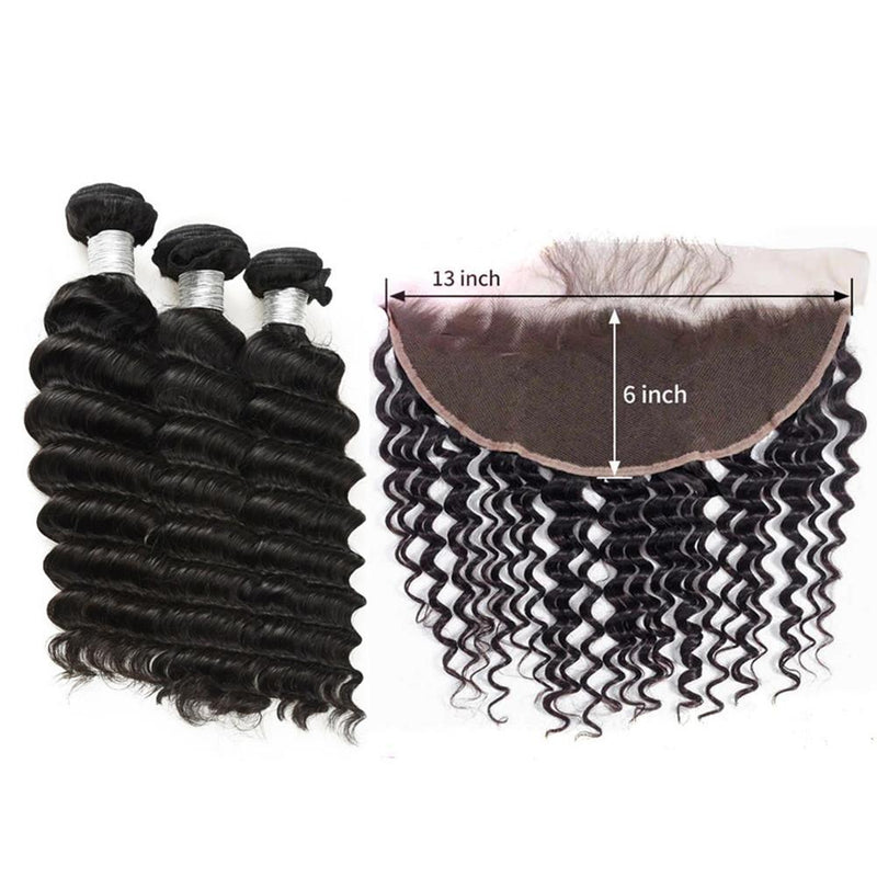 Wolf king deep wave 3 bundles with 13*6 HD transparent frontal natural color virgin human hair weft