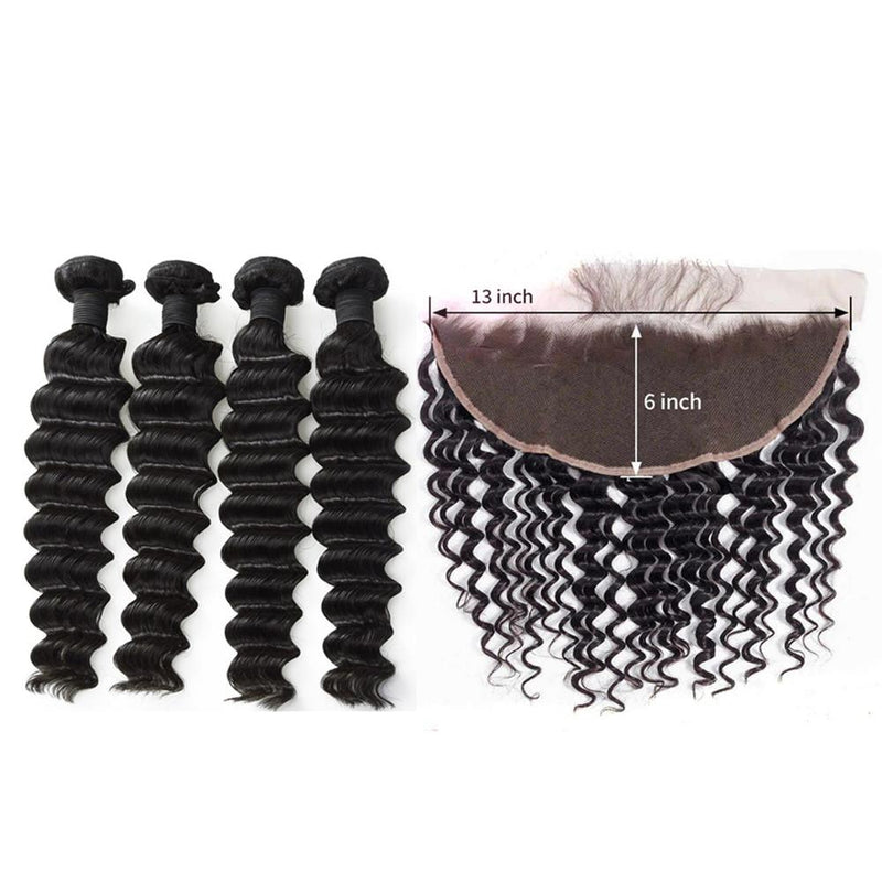 Wolf king deep wave 4 bundles with 13*6 HD transparent frontal natural color virgin human hair weft