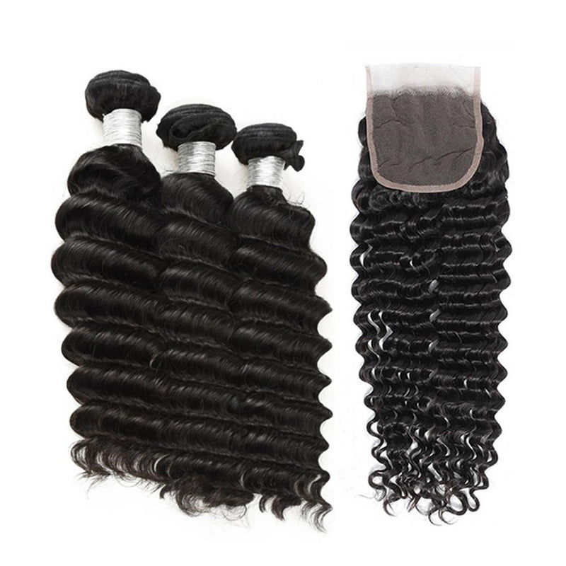 Wolf king deep wave 3 bundles with 4*4 HD transparent closure natural color virgin human hair weft