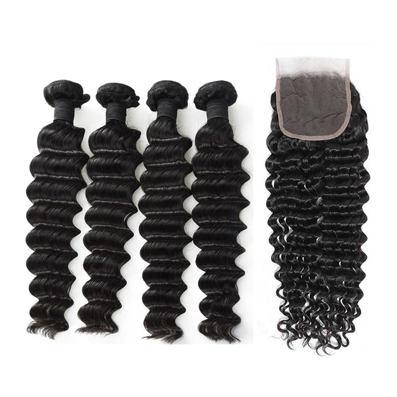 Wolf king deep wave 4 bundles with 4*4 HD transparent closure natural color 100% human hair