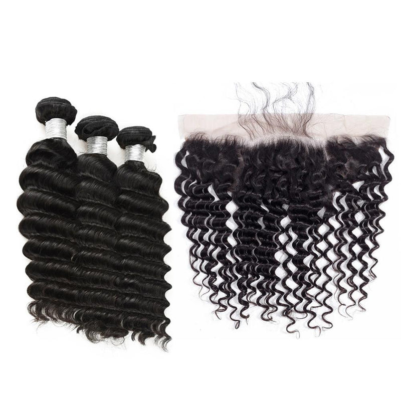 Wolf king deep wave 3 bundles with 13*4 HD transparent frontal natural color virgin human hair weft