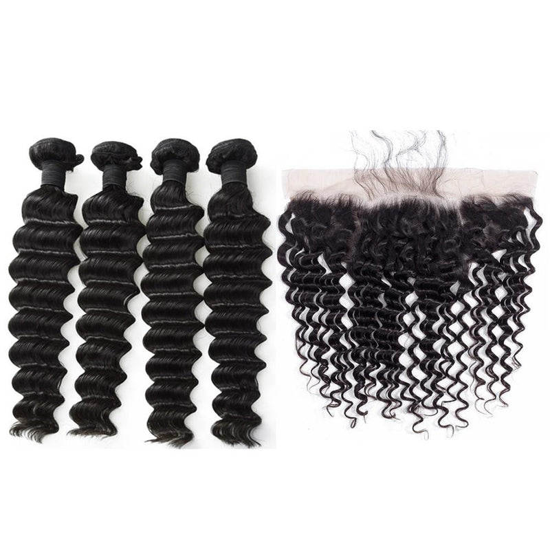 Wolf king deep wave 4 bundles with 13*4 HD transparent frontal natural color virgin human hair weft