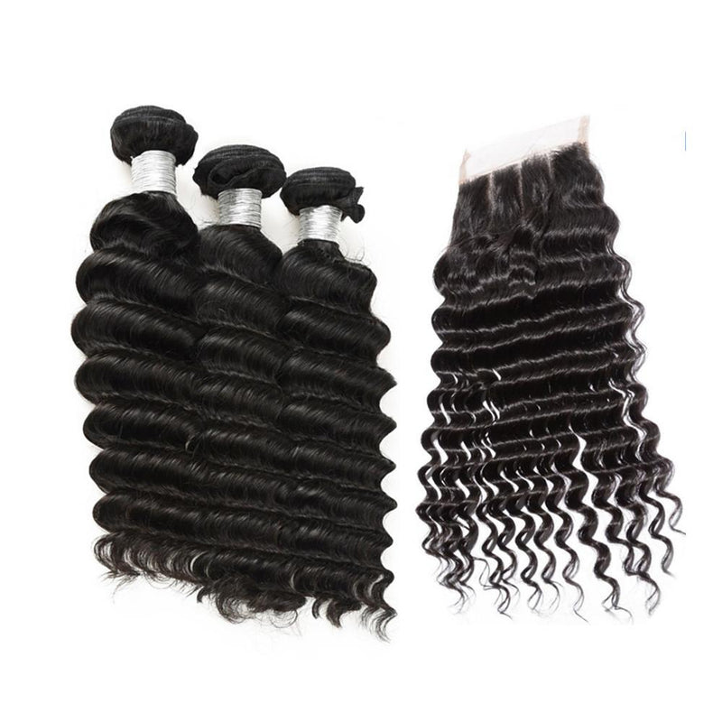 Wolf king deep wave 3 bundles with 5*5 HD transparent closure natural color virgin human hair weft