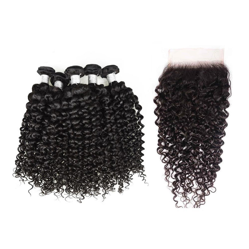 Wolf king curly 4 bundles with 5*5 HD transparent closure natural color virgin human hair weft