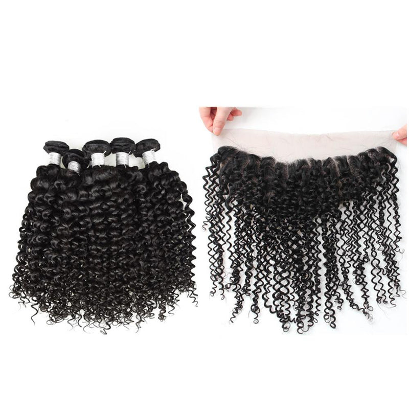 Wolf king curly 4 bundles with 13*6 HD transparent frontal natural color virgin human hair weft