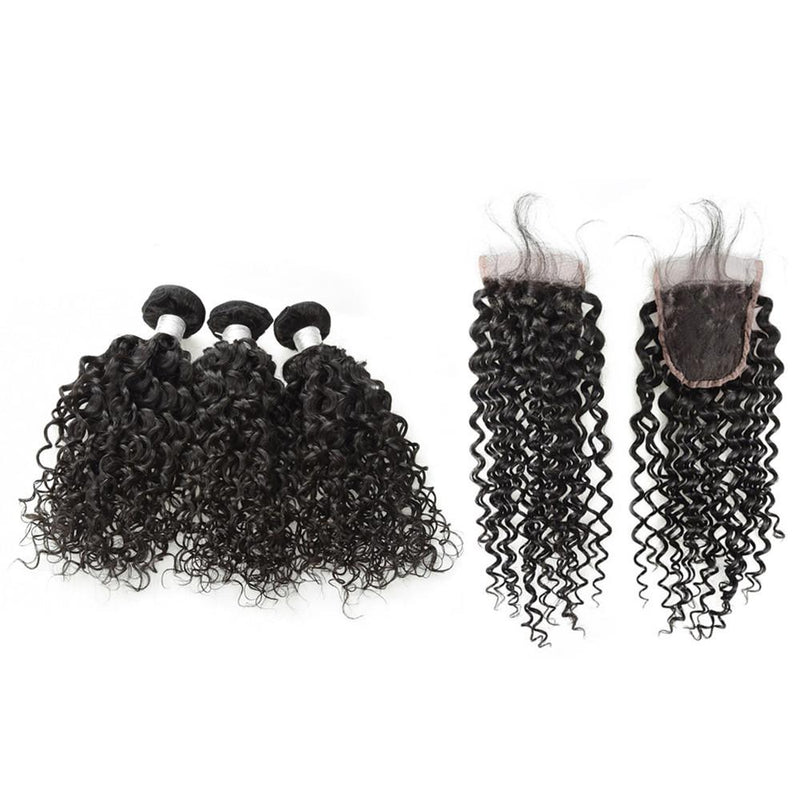 Wolf king curly 3 bundles with 4*4 HD transparent closure natural color virgin human hair weft