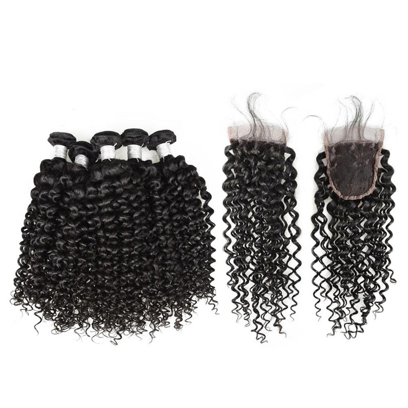 Wolf king curly 4 bundles with 4*4 HD transparent closure natural color virgin human hair weft