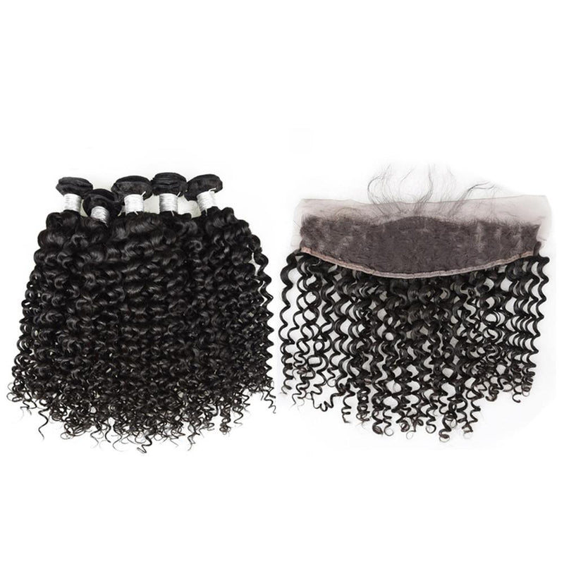 Wolf king curly 4 bundles with 13*4 HD transparent frontal natural color virgin human hair weft