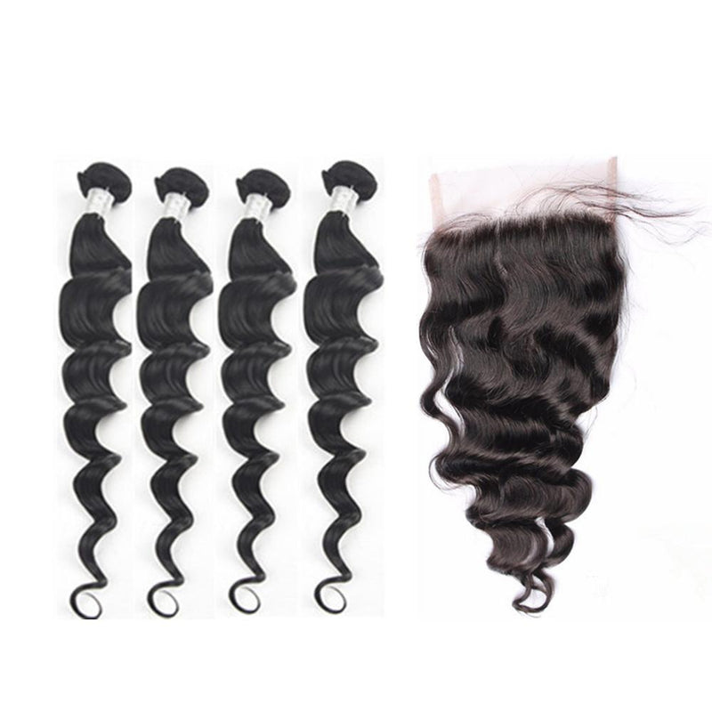 Wolf king loose wave 4 bundles with 5*5 HD transparent closure natural color virgin human hair weft