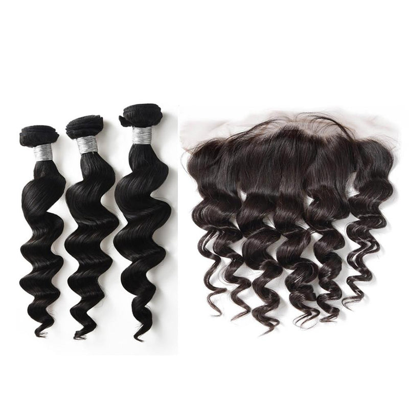 Wolf king loose wave 3 bundles with 13*6 HD transparent frontal natural color virgin human hair weft