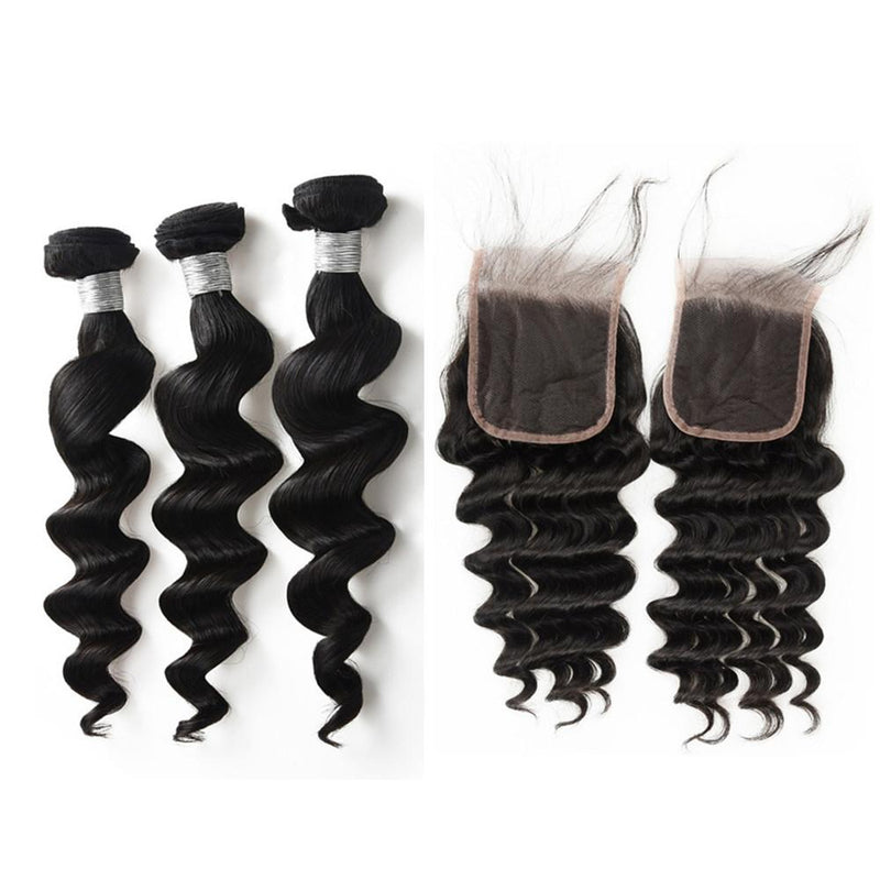 Wolf king loose wave 3 bundles with 4*4 HD transparent closure natural color virgin human hair weft