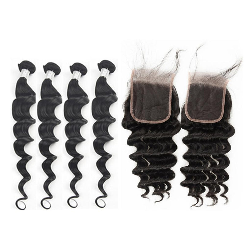 Wolf king loose wave 4 bundles with 4*4 HD transparent closure natural color virgin human hair weft