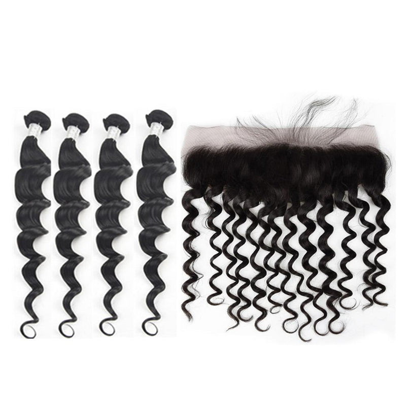 Wolf king loose wave 4 bundles with 13*4 HD transparent frontal natural color virgin human hair weft