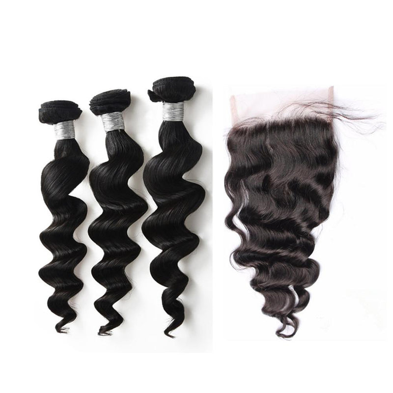 Wolf king loose wave 3 bundles with 5*5 HD transparent closure natural color virgin human hair weft