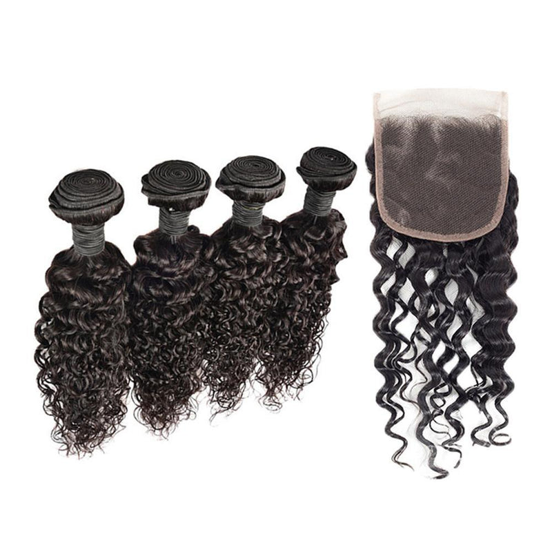 Wolf king water wave 4 bundles with 5*5 HD transparent closure natural color virgin human hair weft