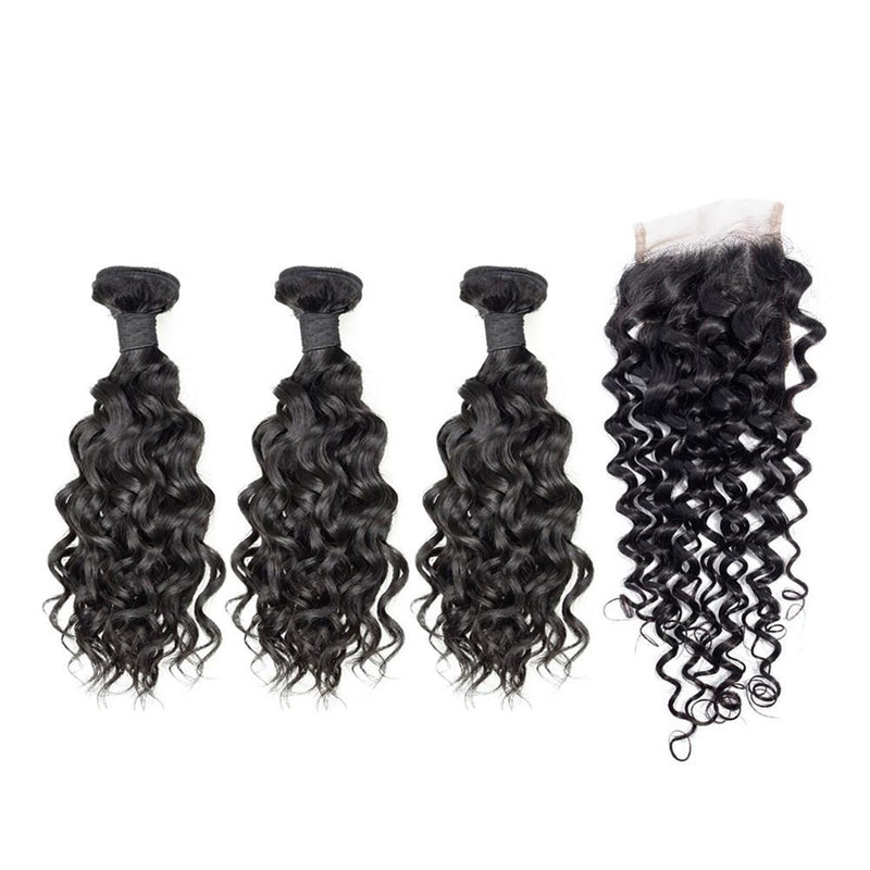 Wolf king water wave 3 bundles with 4*4 HD transparent closure natural color virgin human hair weft