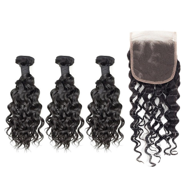 Wolf king water wave 3 bundles with 5*5 HD transparent closure natural color virgin human hair weft