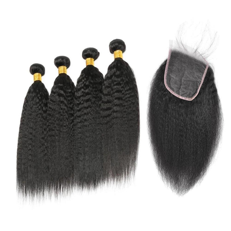 Wolf king kinky straight wave 4 bundles with 5*5 HD transparent closure natural color virgin human hair weft