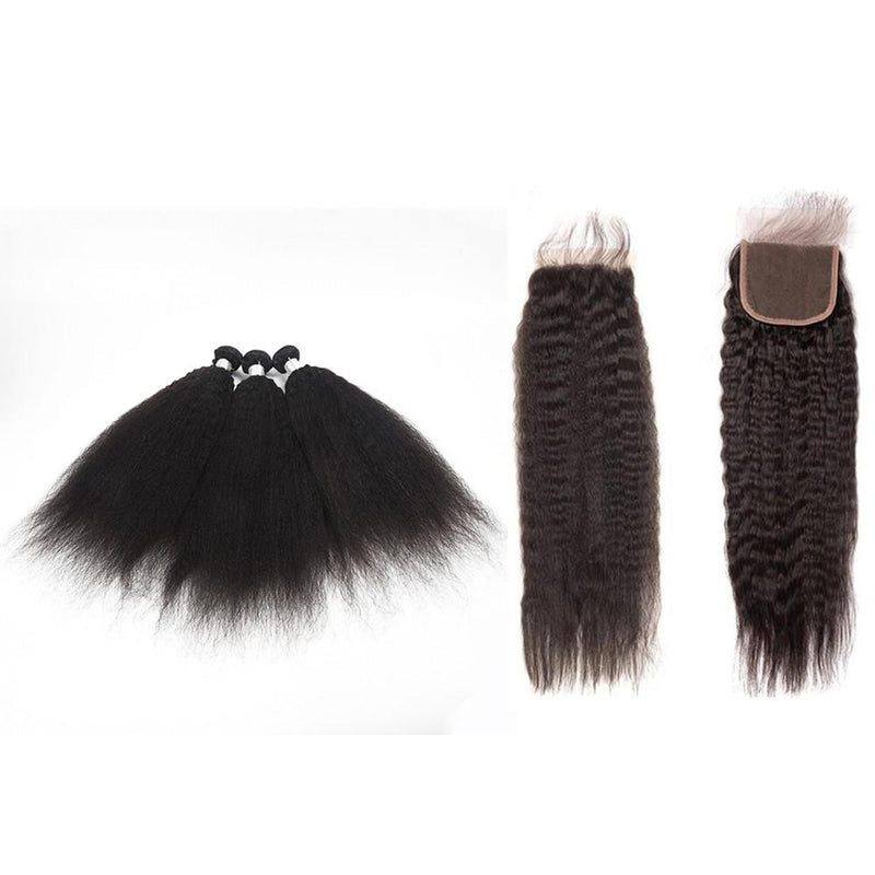 Wolf king kinky straight wave 3 bundles with 4*4 HD transparent closure natural color virgin human hair weft