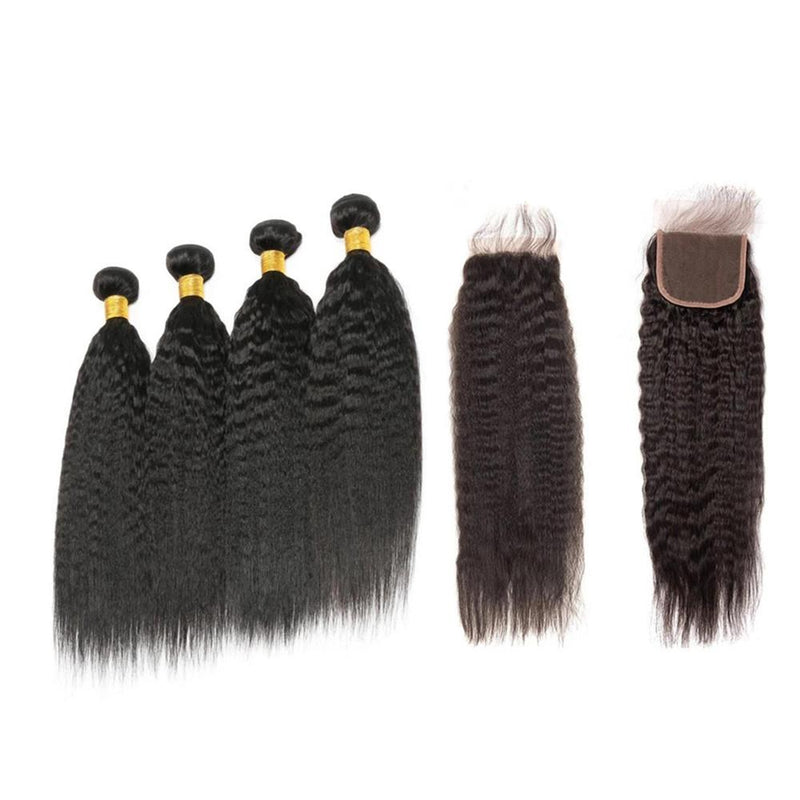 Wolf king kinky straight wave 4 bundles with 4*4 HD transparent closure natural color 100% human hair