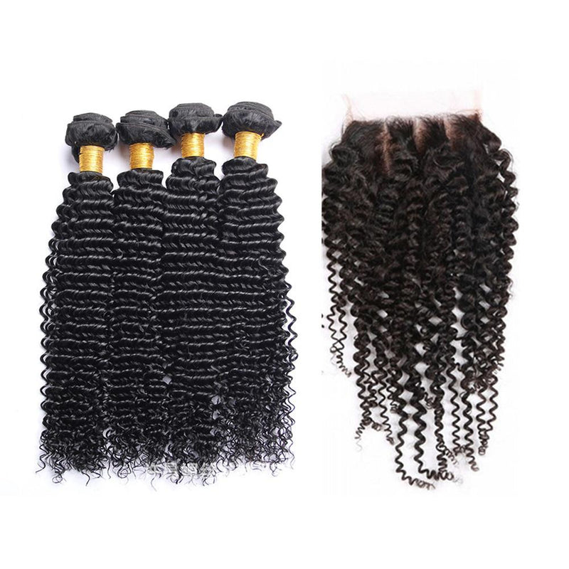 Wolf king kinky curly 4 bundles with 5*5 HD transparent closure natural color virgin human hair weft