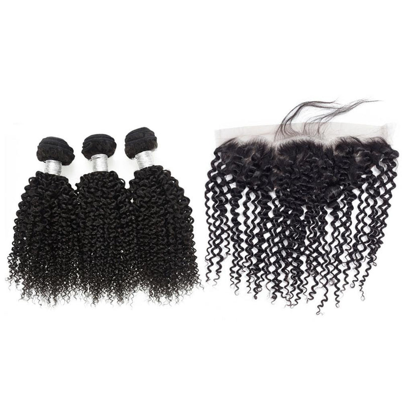 Wolf king kinky curly 3 bundles with 13*6 HD transparent frontal natural color virgin human hair weft