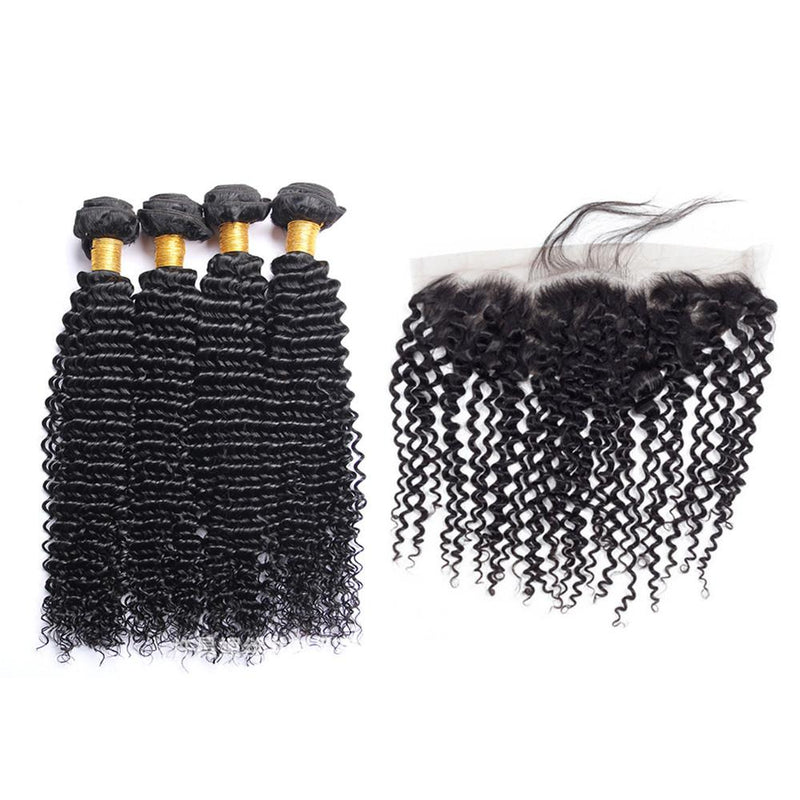 Wolf king kinky curly 4 bundles with 13*6 HD transparent frontal natural color virgin human hair weft