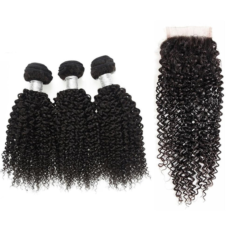 Wolf king kinky curly wave 3 bundles with 4*4 HD transparent closure natural color 100% human hair