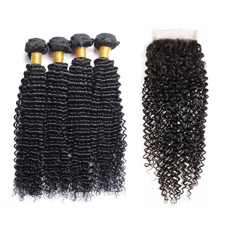 Wolf king kinky curly wave 4 bundles with 4*4 HD transparent closure natural color 100% human hair