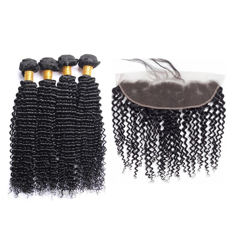 Wolf king kinky curly wave 4 bundles with 13*4 HD transparent frontal natural color virgin human hair weft