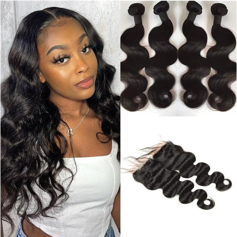 Wolf king body wave 4 bundles with 4*4 HD transparent closure natural color 100% human hair