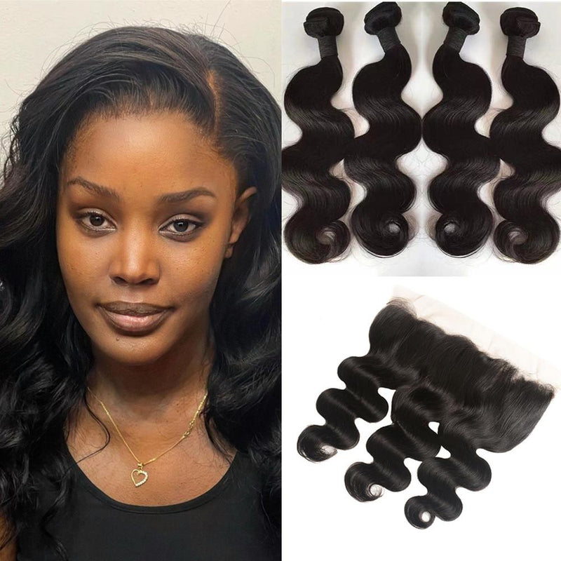 Wolf king body wave 4 bundles with 13*4 HD transparent frontal natural color virgin human hair weft