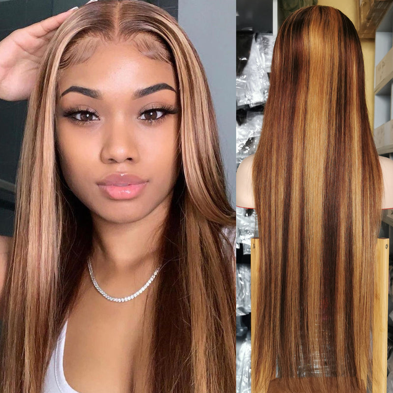 Wolf king 100% human hair highlight straight 13*4 transparent front lace wig 26in 28in 30in