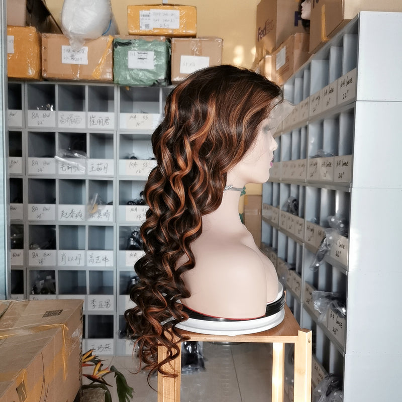 Wolf king highlight color loose wave 13*4 transparent frontal lace wig 150% Density