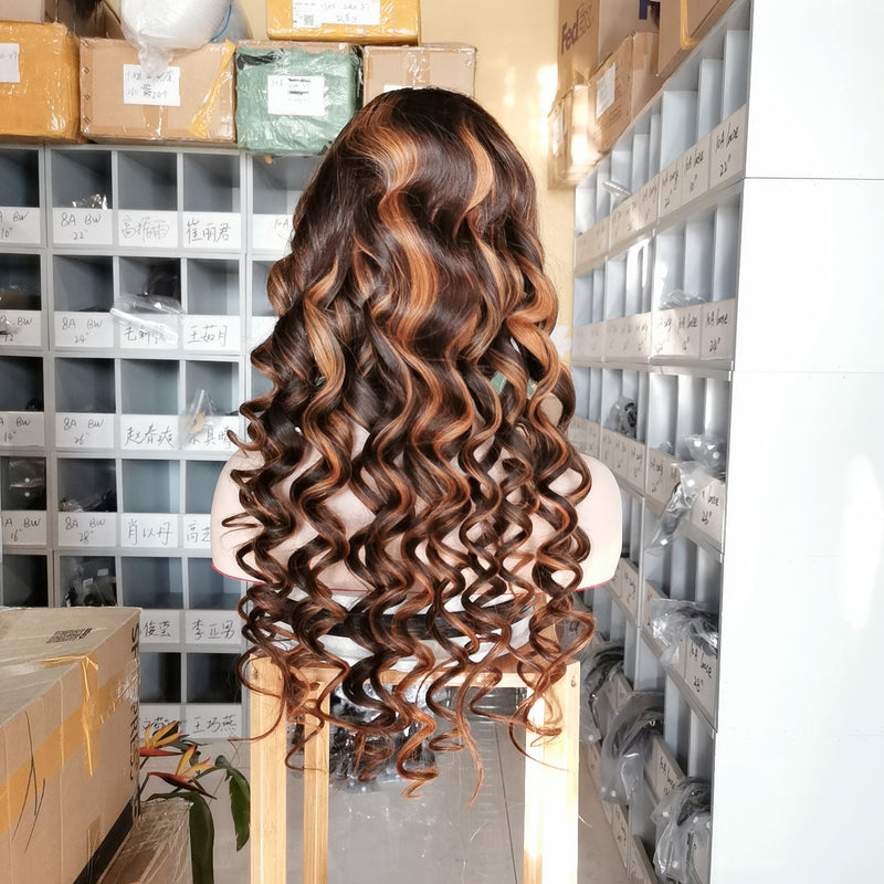 Wolf king highlight color loose wave 13*4 transparent frontal lace wig 150% Density