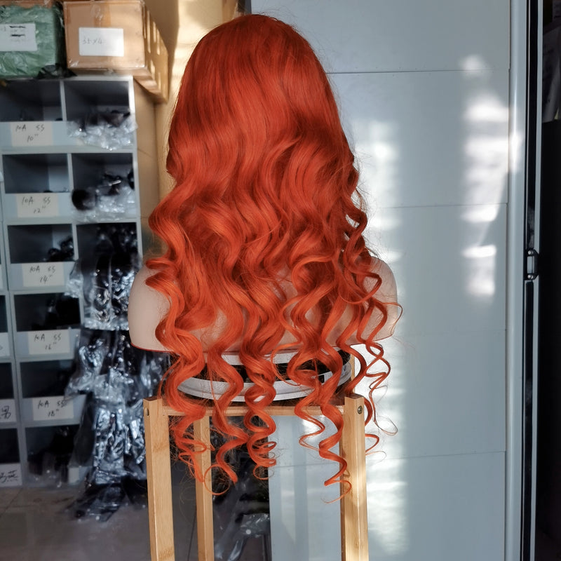 Wolf king orange color loose wave 13*4 transparent frontal lace wig 150% Density