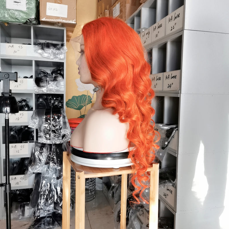 Wolf king orange color loose wave 13*4 transparent frontal lace wig 150% Density